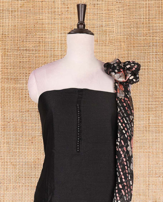 Black material chudidar set, plain with fancy thermacol balls neck work Vichitra top, cotton bottom, and floral with bandhani printed dupatta