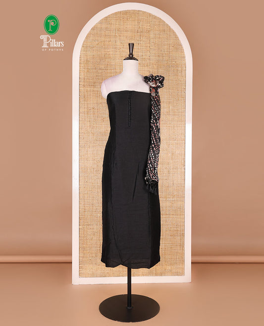 Black material chudidar set, plain with fancy thermacol balls neck work Vichitra top, cotton bottom, and floral with bandhani printed dupatta