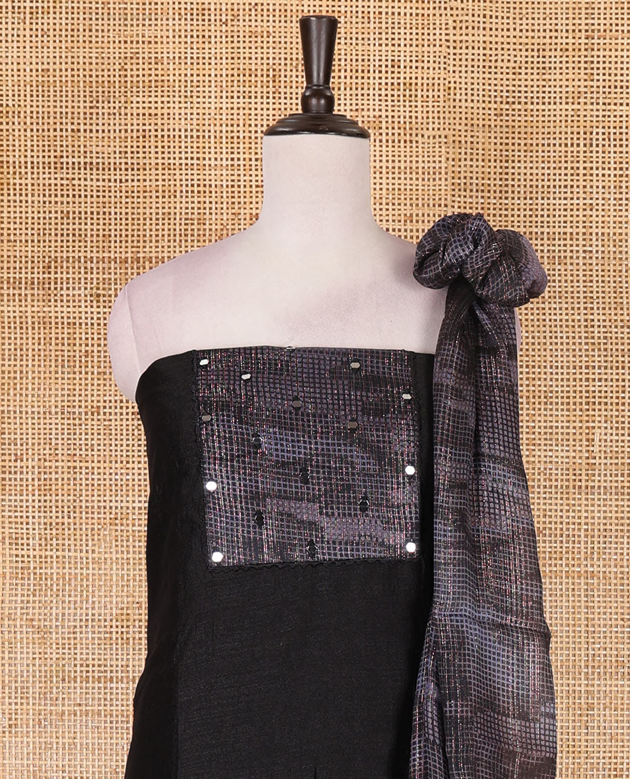 Black material chudidar set, abstract printed with mirrorwork vichitra silk top, santoon bottom, and abstract printed shimmer georgette dupatta