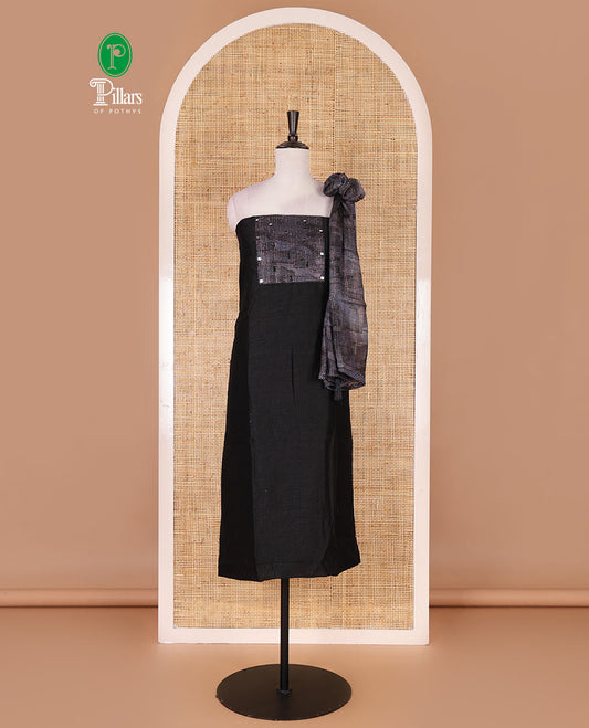 Black material chudidar set, abstract printed with mirrorwork vichitra silk top, santoon bottom, and abstract printed shimmer georgette dupatta