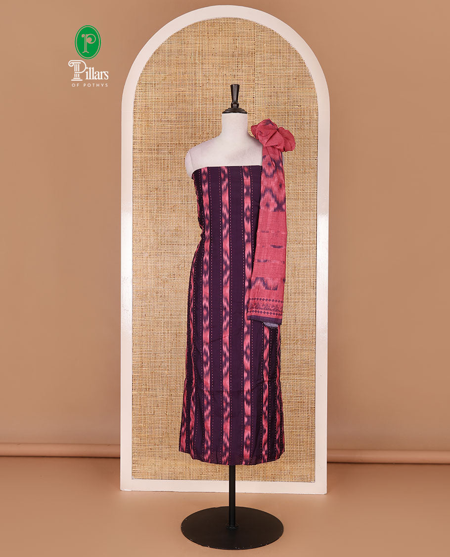 Wine Vertican silk material chudidar set, vertical ikkat stripes, and kantha work top, contrast plain slub cotton bottom, and linen contrast ikkat printed zari border dupatta