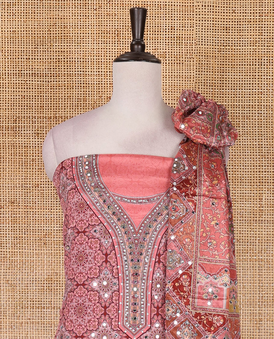 Peach material chudidar set, intricately printed with original mirror work crepe top, Italian crepe bottom, and chinon digital print, mirror work dupatta
