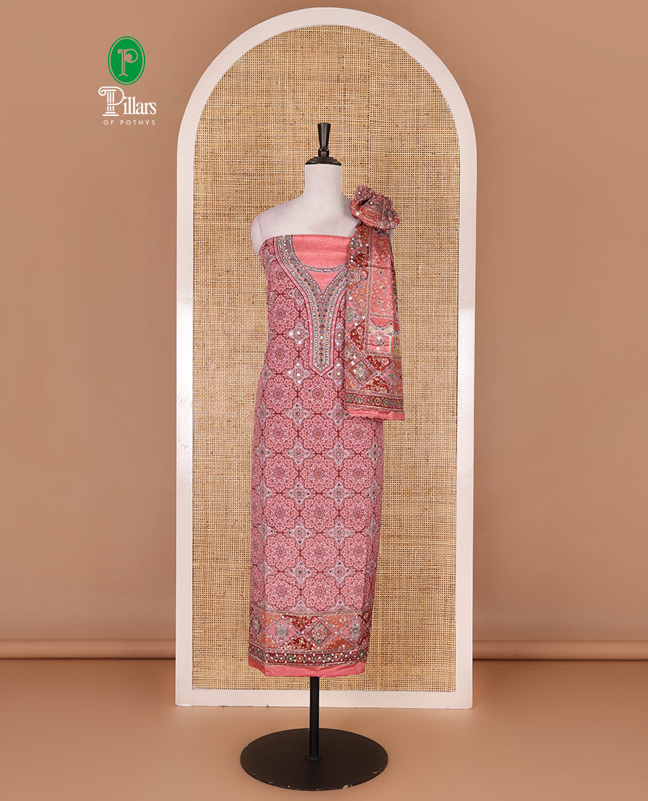 Peach material chudidar set, intricately printed with original mirror work crepe top, Italian crepe bottom, and chinon digital print, mirror work dupatta