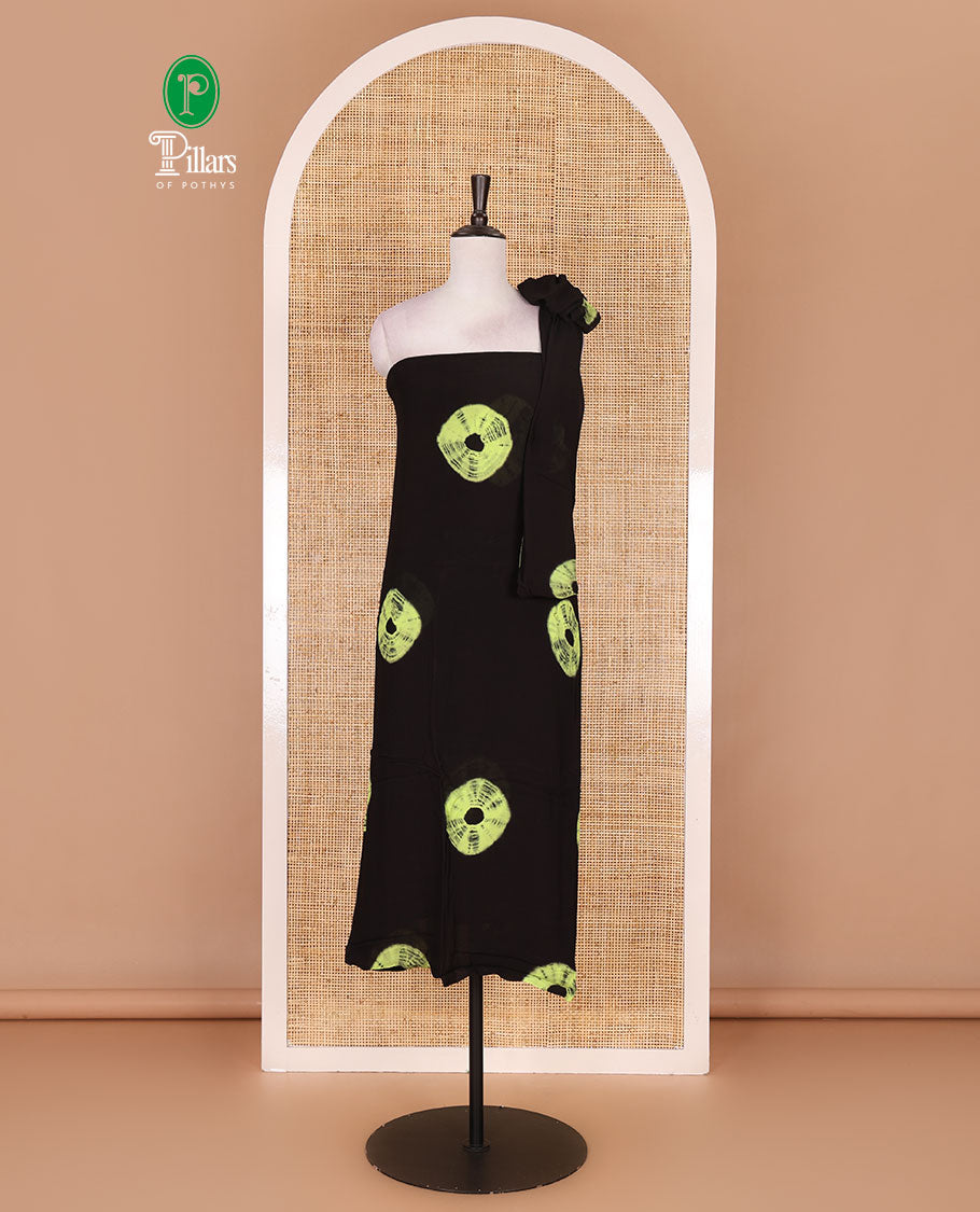 Black and green viscose georgette material churidar set, big bandhani dots printed top, plain bottom, and big bandhani dots printed dupatta
