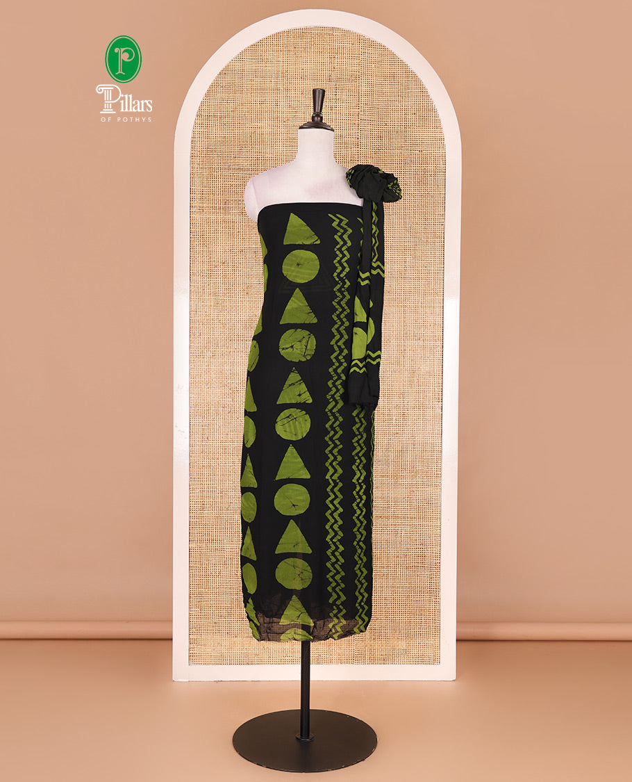 Black and green viscose georgette material churidar set, geometric shapes batik hand block printed top, plain bottom, and batik hand block printed dupatta