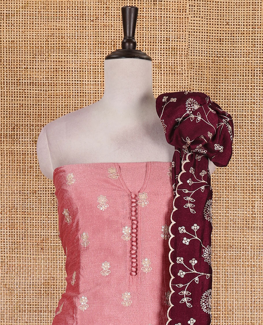 Pink Vichitra silk material churidar set, floral motifs embroidered top, contrast Santoon bottom, and floral vine thread embroidered scallop dupatta