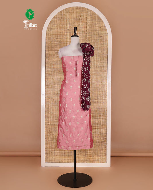 Pink Vichitra silk material churidar set, floral motifs embroidered top, contrast Santoon bottom, and floral vine thread embroidered scallop dupatta
