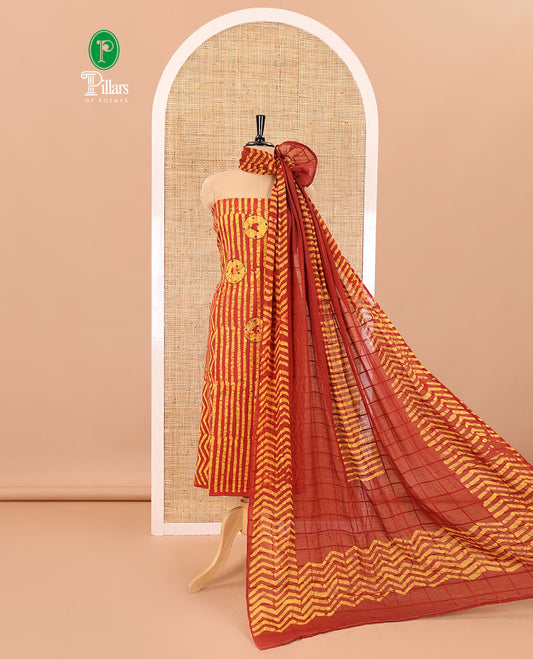 Yellow material chudidar set, batik print, mirror work and kantha work cotton top, cotton bottom, and batik printed dupatta