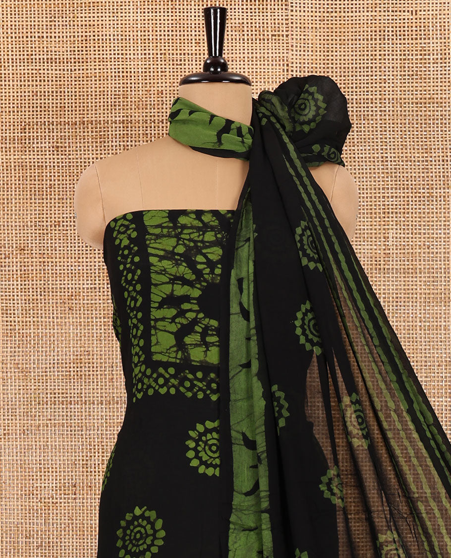 Black and green material chudidar set, sun brust and chakra motifs hand block printed Viscose georgette top, contrast bottom, and hand block printed viscose georgette dupatta