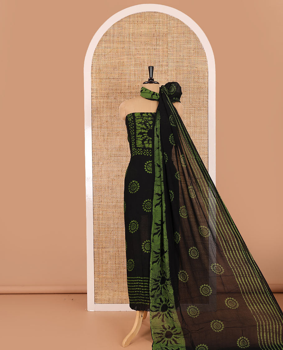 Black and green material chudidar set, sun brust and chakra motifs hand block printed Viscose georgette top, contrast bottom, and hand block printed viscose georgette dupatta