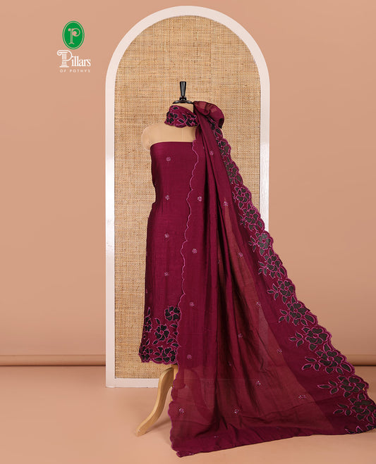 Magenta material chudidar set, sequins work with floral Aplic embroidered Vichitra silk top, matching bottom, and an embroidered dupatta