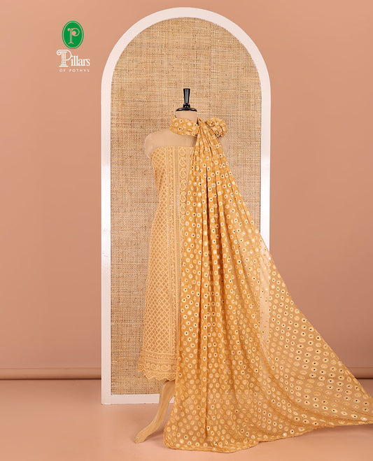 Brown material chudidar set, paisleys and jaal schiffli sequins embroidered mul georgette top, a matching bottom, and a mirror work dupatta