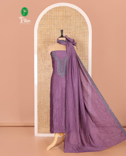 Purple Material Chudidar Set Elevated with Thread and Sequins Embroidery Vichitra Silk Top, Subtly Made Plain Santoon Bottom, and a Vichitra Silk Dupatta of Thread and Sequins Embroidery
