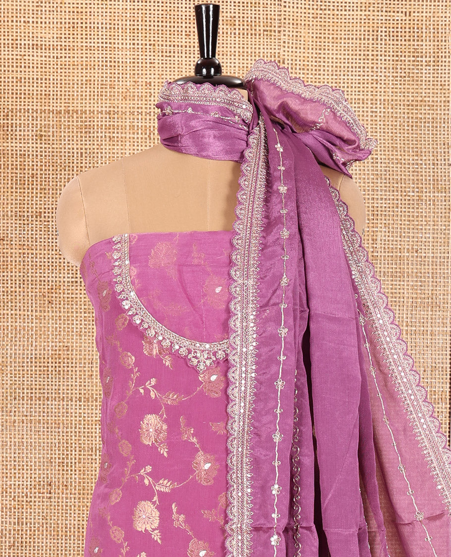 Dark Lavender Chudidar Set Artfully Detailed with Floral Jaal Jacquard Design and Embroidered Viscose Chinon Unstitched Top, Readymade Free Size Chinon Sharara Pants, and a Chinon Embroidered Scallop-Bordered Dupatta