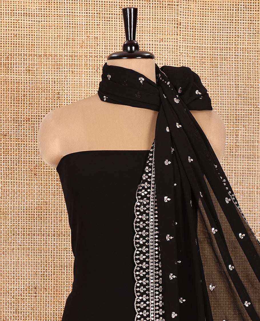 Black Material Chudidar Set, Gleamed Up with Thread and Sequins Embroidered Georgette Top, Subtly Made American Crepe Bottom, and Georgette Heavy Embroidery Dupatta