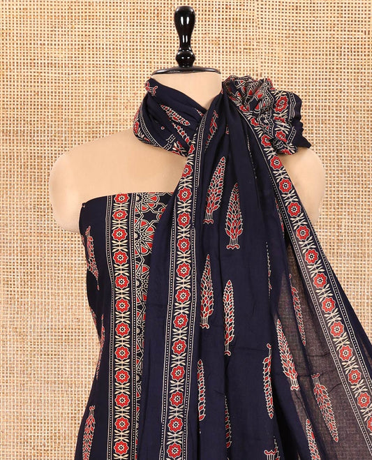 Navy Blue Rayon Material Chudidhar Set, Decked Up with Ajrakh-Style Floral Printed Top, Elegantly Printed Bottom, and Rayon Dupatta of Ajrakh-Style Floral and Tree Motifs Print