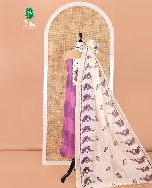 Purple Material Chudidhar Set, Adorned with Ikkat Weave and Neck Peacock Patchwork Handloom Cotton Top, Cotton Plain Bottom, and Contrast Chanderi Silk Peacock Printed Dupatta