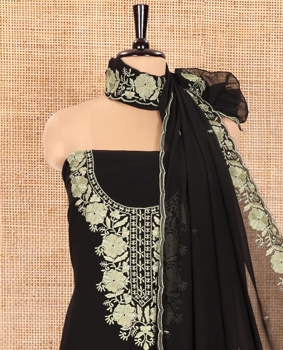 Black and Green Material Chudidhar Set, Adorned with Floral Thread Embroidered Fox Georgette Top, Plain Santoon Bottom, and Fox Georgette Scallop Dupatta with Floral Thread Embroidery