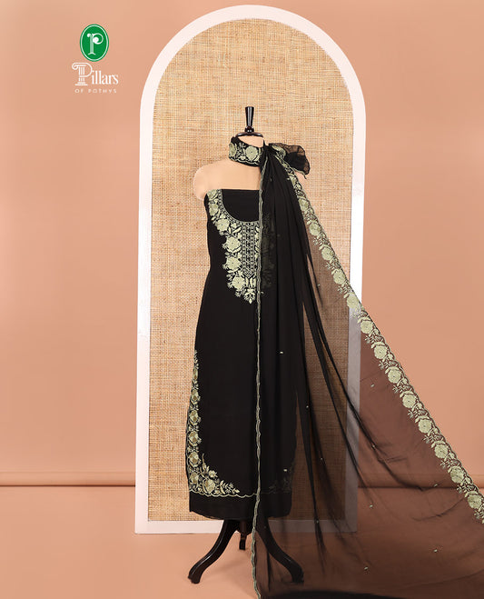 Black and Green Material Chudidhar Set, Adorned with Floral Thread Embroidered Fox Georgette Top, Plain Santoon Bottom, and Fox Georgette Scallop Dupatta with Floral Thread Embroidery