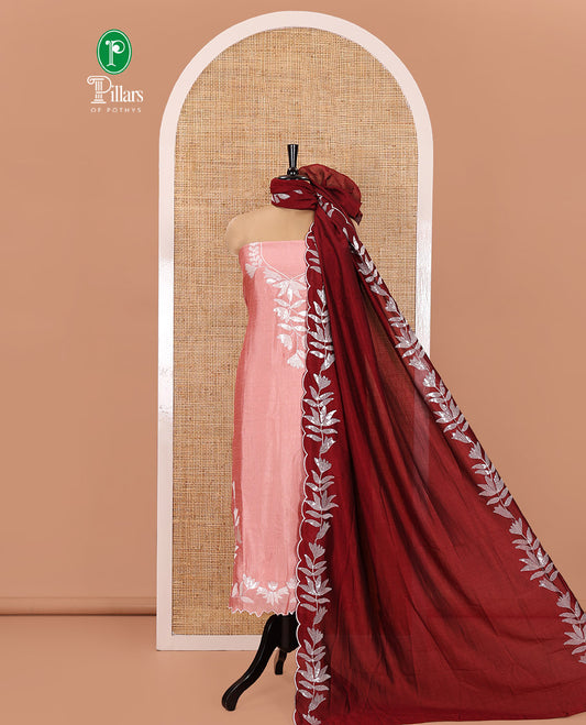 Pink Material Churidar Set, Detailed with Floral Motifs Sequins-Thread Embroidered on Its Vichitra Silk Top, Comes with a Contrast Santoon Bottom, and Paired with a Vichitra Silk Floral Embroidered Scallop Dupatta