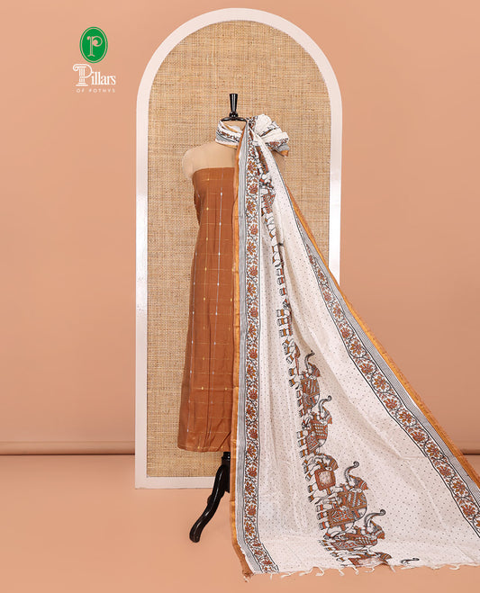 Mustard Material Churidar Set, Accentuated with Zari Checked Semi-Silk Top, Comes with a Contrast Plain Soft Cotton Bottom, and a Contrast Semi-Silk Dupatta, Pictures a Herd of Elephants