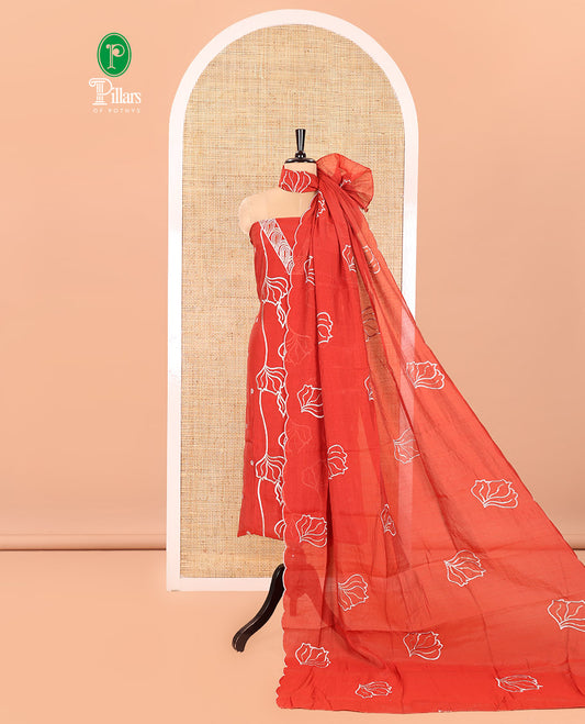 Rust Mul Chanderi Material Churidar Set, Decorated with Flower Embroidery and Sequins Work V-Neck Top, a Plain Santoon Bottom, and Paired with a Mul Chanderi Floral Embroidered Dupatta