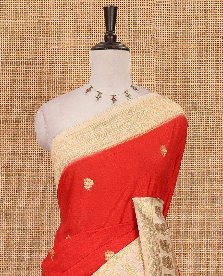 Red peacock buttas dola silk saree, contrast rudraksham & iruthalai pakshi border, intricate pallu & contrast jacquard blouse