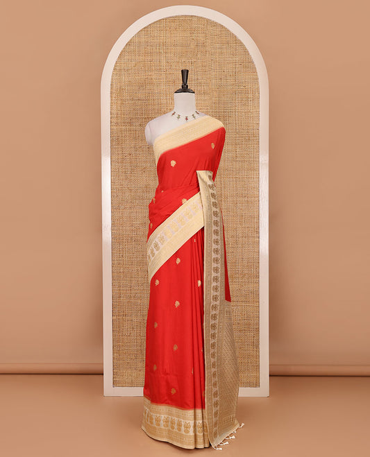 Red peacock buttas dola silk saree, contrast rudraksham & iruthalai pakshi border, intricate pallu & contrast jacquard blouse