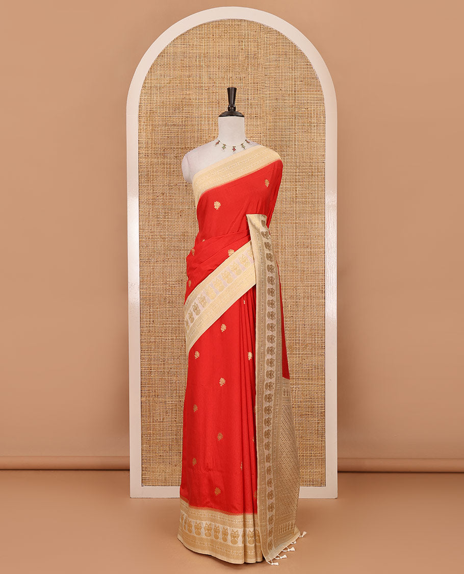 Red peacock buttas dola silk saree, contrast rudraksham & iruthalai pakshi border, intricate pallu & contrast jacquard blouse