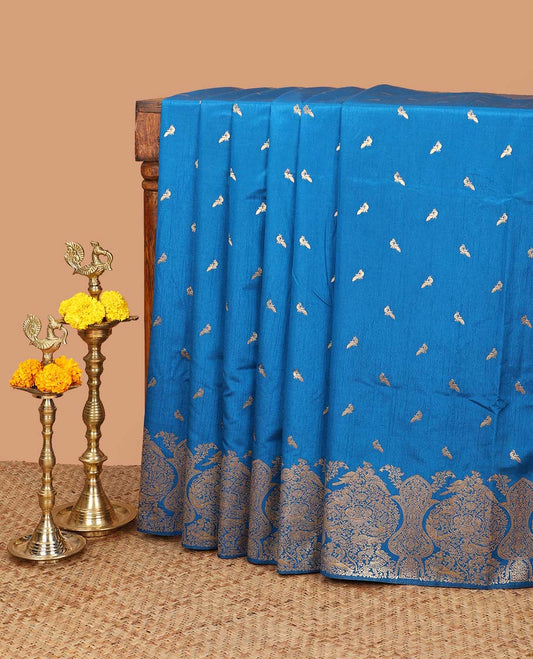 Peacock blue zari peacock butta dola raw silk saree with kancheepuram zari border with geometrical zari pallu along with plain blouse