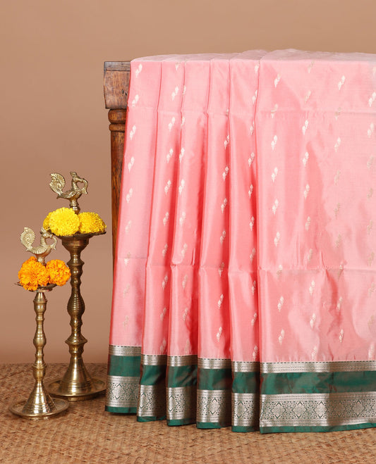 Baby pink zari butta semi soft silk saree with rettai pettu, diamond border grand pallu along with plain blouse
