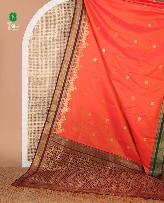 Orange mayil chakra & wedding-themed motifs semi-soft silksaree,contrast ganga jamuna rettai pettu traditional border & grand pallu