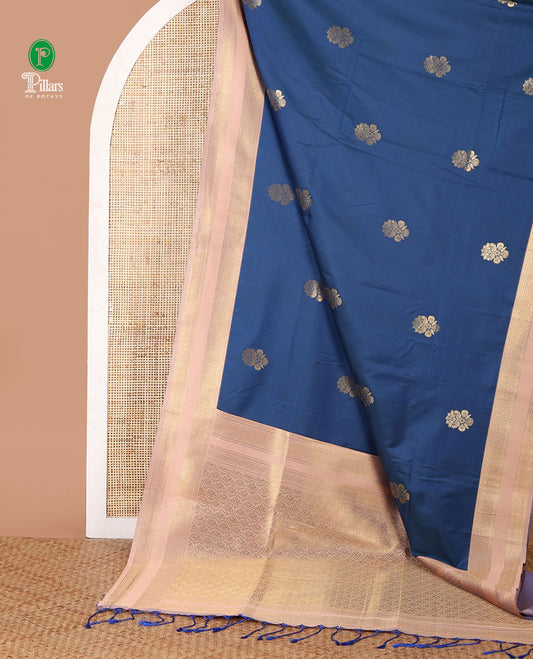 Blue zari buttas semi-soft silk saree, contrast rettai pettu traditional zari border & grand ogee patterned pallu