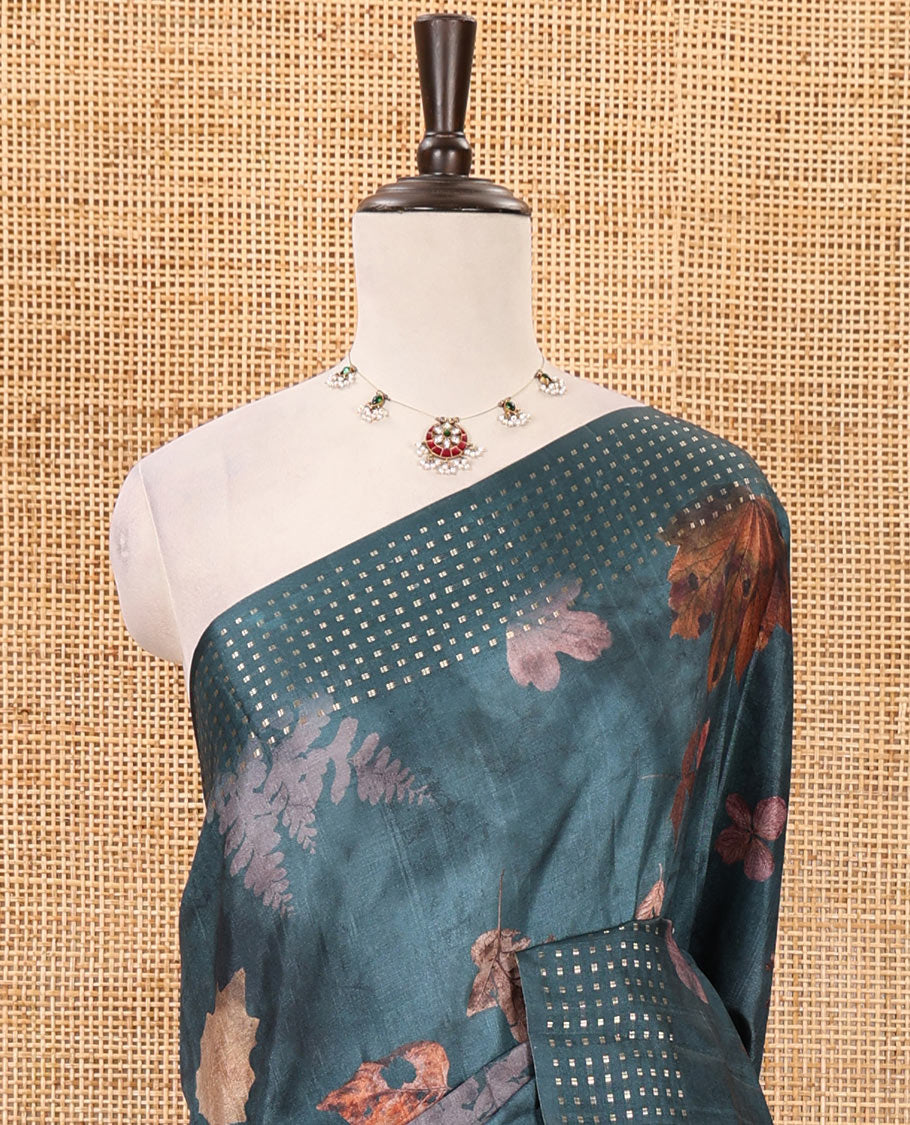 Peacock blue leaf motifs eco-digital printed fancy tussar saree, zari border & pallu woven with dobby-style buttas