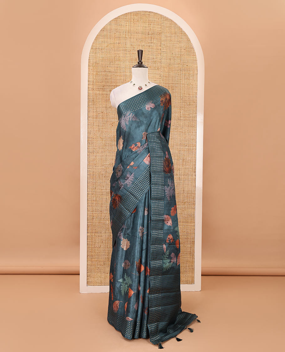 Peacock blue leaf motifs eco-digital printed fancy tussar saree, zari border & pallu woven with dobby-style buttas