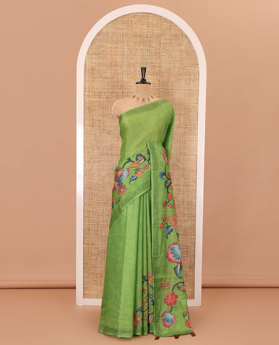 Borderless parrot green kalamkari floral vine printed with French knot and kanta embroidered kotta silk saree, printed and French knot embroidered matching blouse