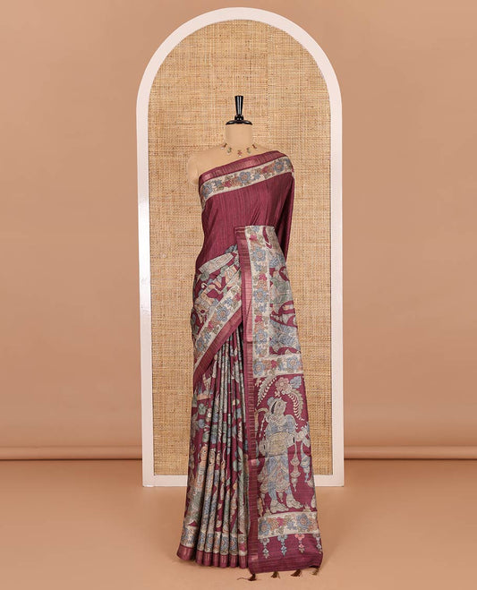 Maroon kalamkari human figurines printed fancy tussar saree, floral printed border, human figurines printed pallu, and a matching blouse