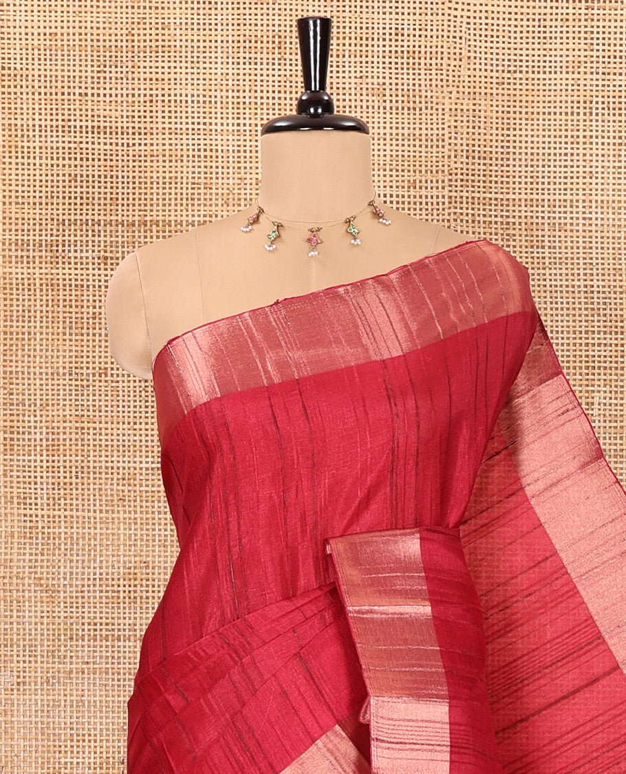 Red plain ghicha woven fancy tussar silk saree, tissue small border, striped pallu, and a matching blouse