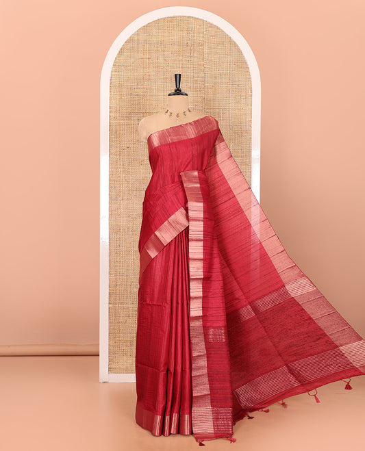 Red plain ghicha woven fancy tussar silk saree, tissue small border, striped pallu, and a matching blouse