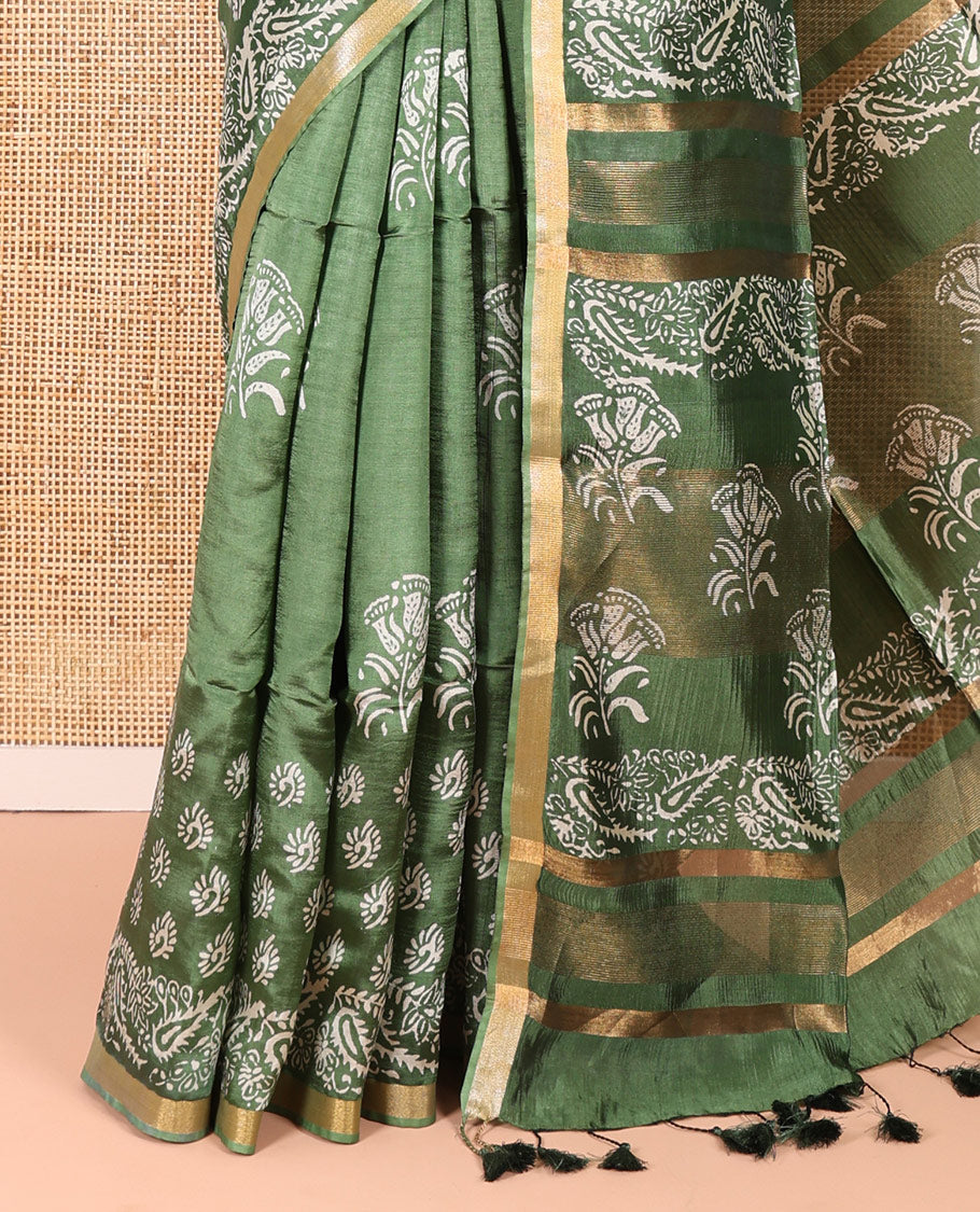 Mehendi Green Banana Pith Saree Enthralled with Floral Motifs Discharge Print All Over Its Body, Zari Bavanji Border, Pallu Subtly Woven in Floral-Paisley Print and Zari Weave, and Paired with a Matching Blouse