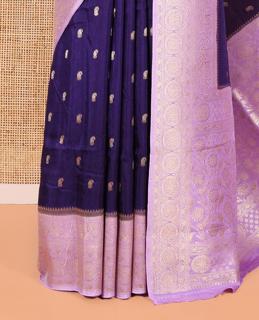 Navy Blue Russian Dola Silk Saree, Elevated with Paisley Buttas All Over Its Body, Complemented by a Contrast Traditional Zari Design Border, Pallu of Floral Jaal Designs, and Paired with a Contrast Blouse