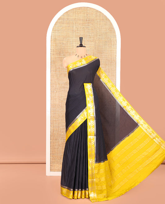 Black Plain Semi-Mysore Silk Saree, Complemented by a Contrast Border of Ganda Berunda Designs, Zari Striped Pallu, and Paired with a Contrast Blouse