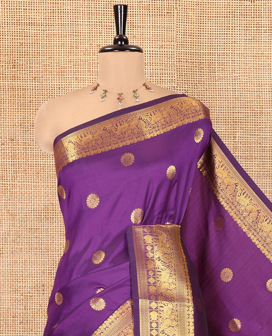 Purple Art Silk Saree Features Chakra Buttas, a Zari Elephant-Peacock Border, Grand Pallu, Matching Blouse