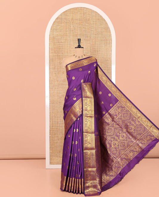 Purple Art Silk Saree Features Chakra Buttas, a Zari Elephant-Peacock Border, Grand Pallu, Matching Blouse