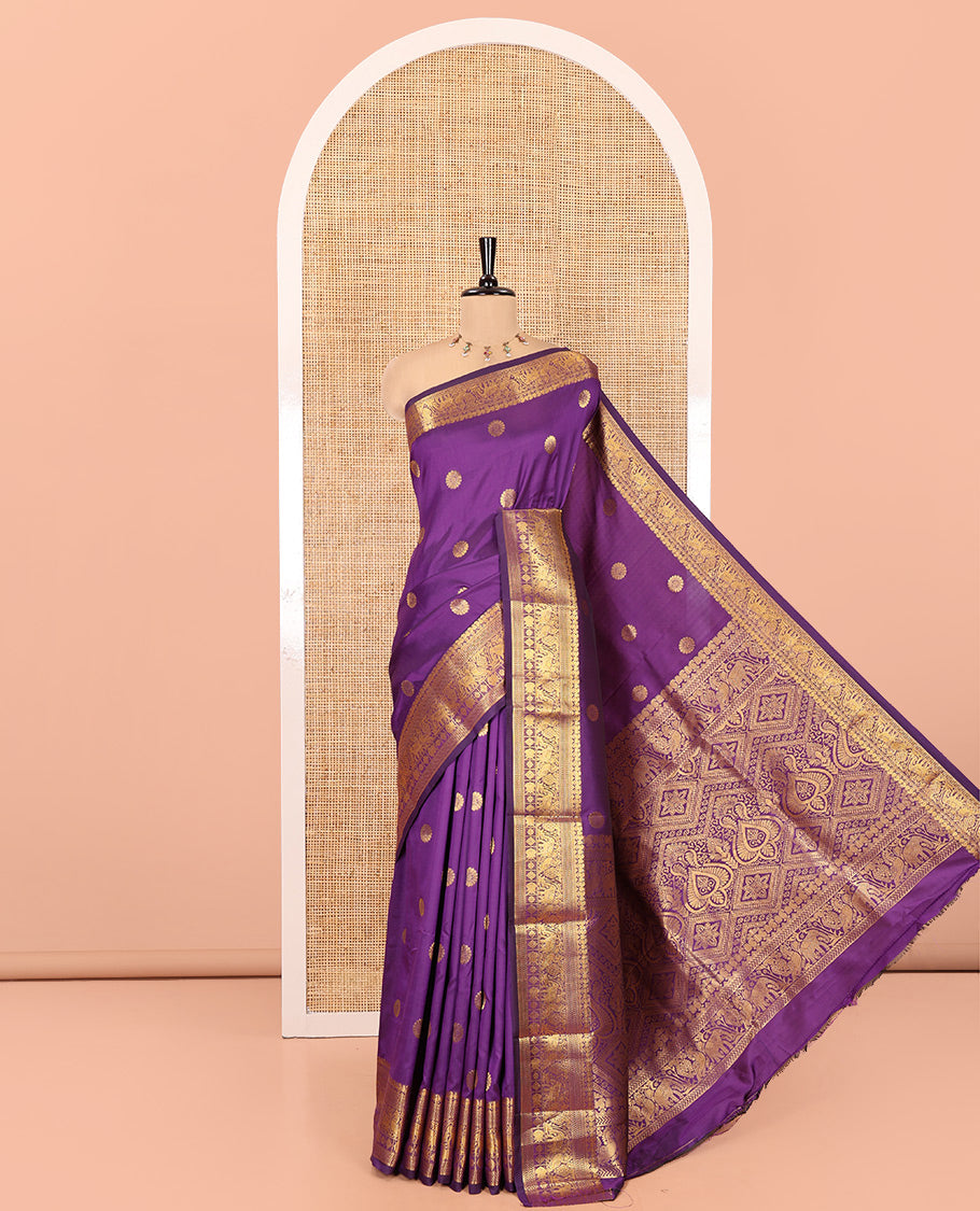 Purple Art Silk Saree Features Chakra Buttas, a Zari Elephant-Peacock Border, Grand Pallu, Matching Blouse