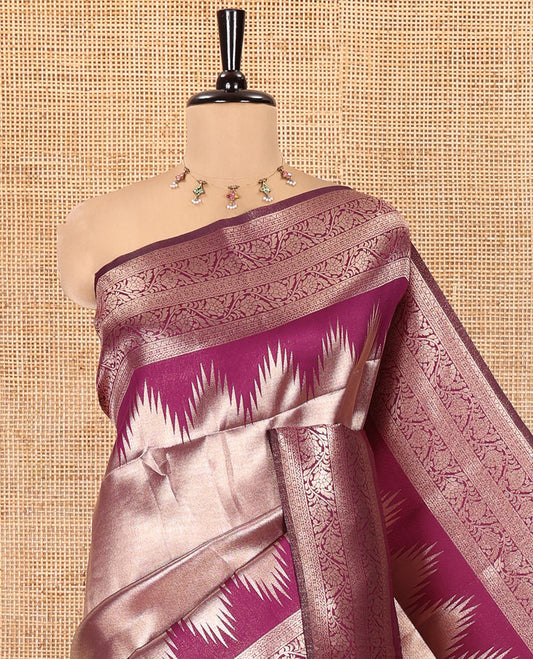 Wine Litchi Saree Features Tissue-Zari Weave, a Temple Kodi Visiry Border, Grand Pallu and a Matching Blouse