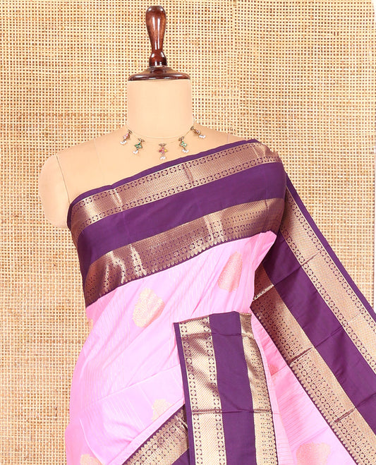 Light Pink-Purple Budget Silk Saree, Adorned with Zari Buttas, Contrast Rettai Pettu Traditional Border, Jaal Pallu, and a Contrast Blouse