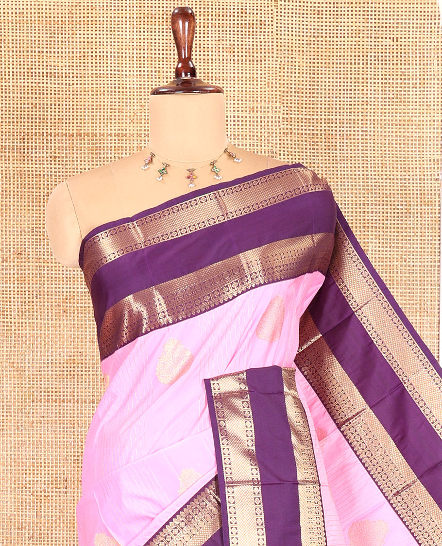 Light Pink-Purple Budget Silk Saree, Adorned with Zari Buttas, Contrast Rettai Pettu Traditional Border, Jaal Pallu, and a Contrast Blouse