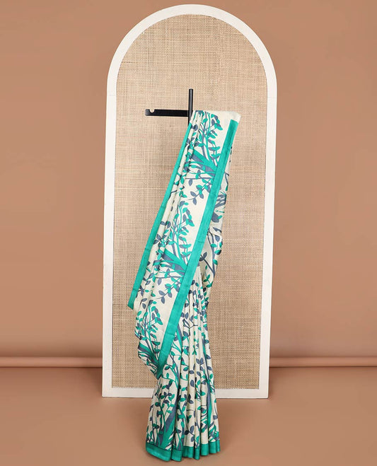 white floral printed silk saree with contrast border
