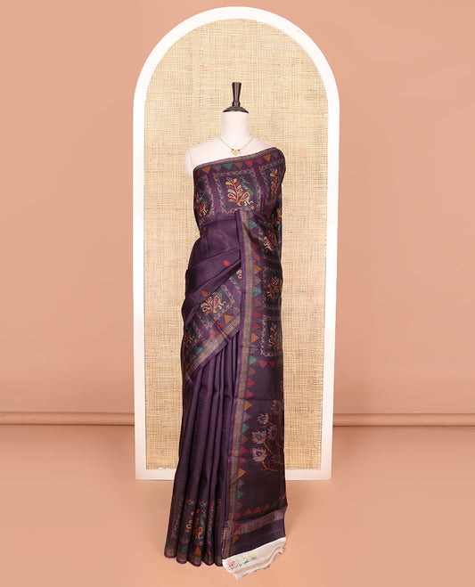 Purple colorful peacock motifs printed saree, temple border, and pallu of big peacock motifs